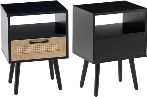Miniatura 9 de Mesita de noche, mesa auxiliar con cajón decorativo de ratán y patas de madera maciza, mesa decorativa de madera con almacenamiento para dormitorio