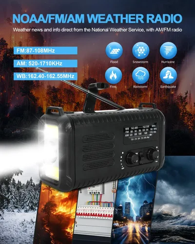 Miniatura 8 de Radio de emergencia de manivela, radio meteorológica de manivela solar de 20000 mAh / 74000 mWh con NOAA/AM/FM, radio alimentada por batería