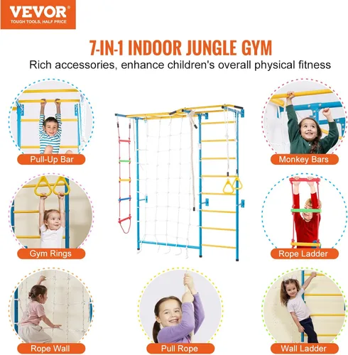 Miniatura 2 de VEVOR Gimnasio interior de la jungla para niños pequeños, juego de escalada 7 en 1 con escalera sueca de acero al carbono, escalera de pared, barra