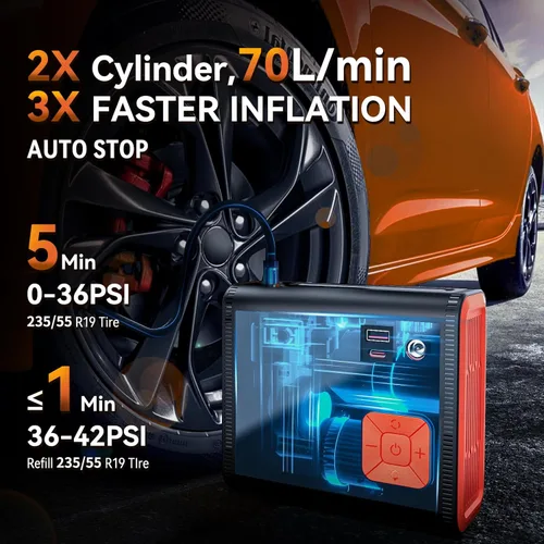 Miniatura 2 de ZUZEE Inflador de Neumáticos Compresor de Aire Portátil, 150 PSI Doble Cilindro 3X Más Rápido Inflador de neumáticos portátil, 28000mAh Modo