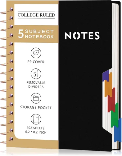Miniatura 21 de CAGIE Cuadernos de espiral para trabajo escolar con pestañas divisorias extraíbles, cuaderno de 5 materias de 8.5 x 11 pulgadas, a rayas