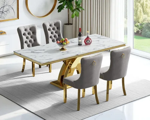 Miniatura 23 de Moderno juego de mesa de comedor de mármol sintético de 68.11 pulgadas para 6, mesa de comedor de mármol blanco y plateado con 6 sillas de Blanco