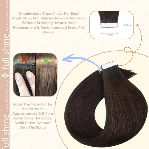 Miniatura 4 de Fshine Extensiones de cabello humano con cinta adhesiva marrón oscuro de 12 pulgadas, color de cabello corto 2, con cinta de doble cara, 1.06 oz, 20