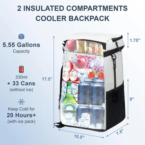 Miniatura 2 de SPARTER - Mochila enfriadora aislada a prueba de fugas para 33/49 latas, bolsa térmica con 2 compartimentos aislados, mochila de playa, viaje