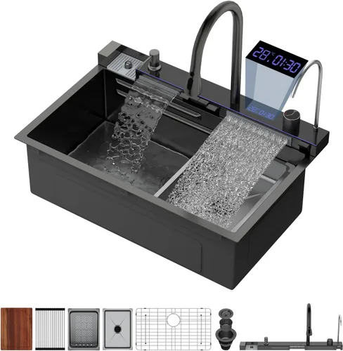 Miniatura 41 de Logmey Fregadero de cocina negro 33x22 empotrable, estación de trabajo de fregadero de cocina, SUS304 calibre 16 acero inoxidable, tazón individual