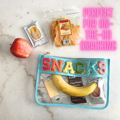 Miniatura 7 de Fablinks Bolsa transparente con cremallera para mujeres con parche de letras de chenilla, bolsa de viaje para aperitivos para adolescentes y niñas