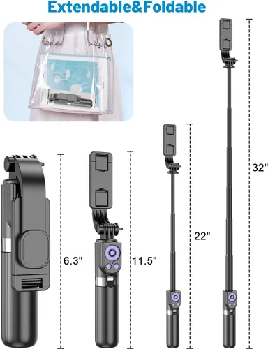 Miniatura 5 de Yeaki Trípode selfie stick con control remoto inalámbrico desmontable, trípode extensible de 32 pulgadas para iPhone compatible con Android, soporte