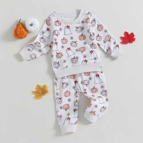 Miniatura 23 de YINGISFITM Conjunto de camisa de calabaza de Halloween para bebé, niña, niño, sudadera y pantalones para otoño e invierno