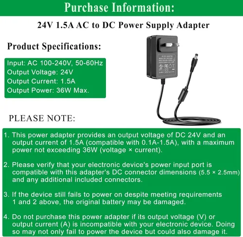 Miniatura 2 de Fuente de alimentación de 24 V 1.5 A, cable de alimentación CC 24 V, para tira de luz LED de 24 V CC difusor de aceite esencial de 24 voltios, CA