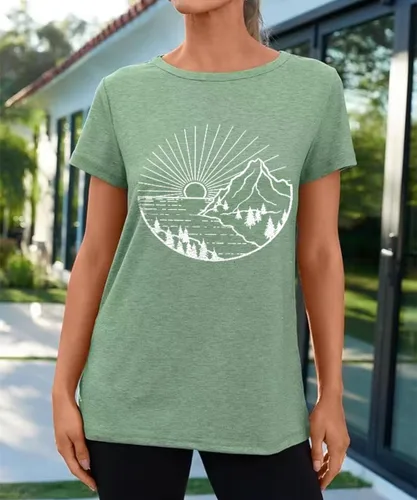 Miniatura 115 de Camisetas sin mangas de senderismo y montaña para mujer, divertidas camisetas de entrenamiento con gráficos de pino y amanecer, camisetas de verano