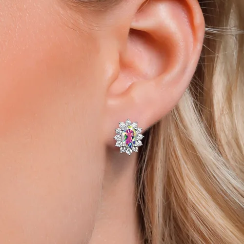 Miniatura 276 de Gem Stone King Aretes ovalados de plata de ley 925 de 0.276 x 0.197 in con piedra natal de la princesa Diana, estilo halo real para mujeres