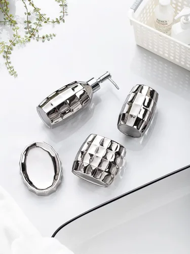 Miniatura 5 de Juego de accesorios de baño plateados, juego de accesorios de baño de cerámica de mosaico incluye dispensador de loción, vaso de soporte para Plata