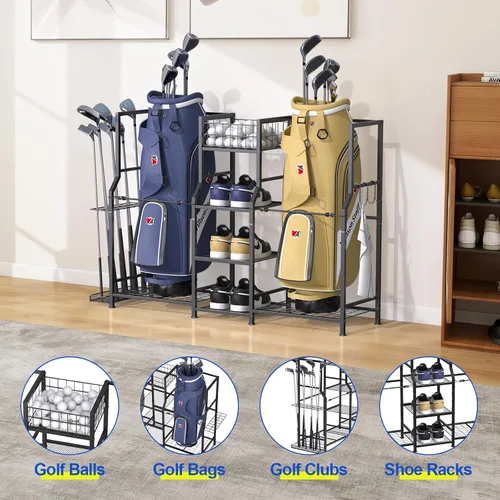 Miniatura 4 de samstar Organizador de garaje de almacenamiento de golf, soporte de almacenamiento para bolsas de golf, 2 bolsas de golf y accesorios para equipos