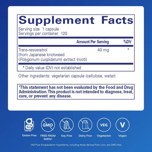 Miniatura 2 de Pure Encapsulations Resveratrol - Apoyo Cardiovascular, Salud Celular y Memoria* - 40 mg de Trans-Resveratrol - Suplemento de Antioxidantes - Sin