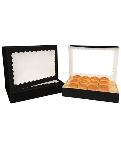 Miniatura 5 de qiqee Caja de galletas negra autodesplegable con ventana, 24 unidades, 14 x 10 x 2.5 pulgadas, caja de pastelería para pastelería y macarrones