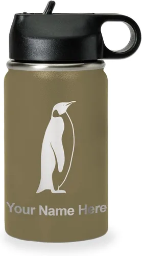 Miniatura 25 de LaserGram Botella de agua personalizada, pingüino, acero inoxidable de doble pared aislada al vacío con popote superior, regalo grabado