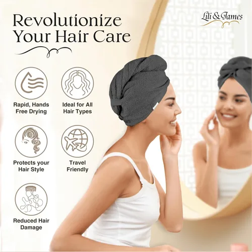 Miniatura 6 de Lili&James Toalla Envolvente de Algodón para el Cabello para Mujeres/Niños Secado Rápido, Suave y Absorbente 420 GSM Toallas Envolventes