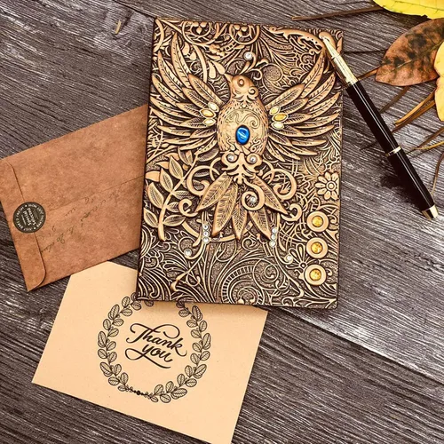Miniatura 7 de Diario de escritura vintage de piel en relieve 3D Phoenix con juego de bolígrafos dorados, tamaño A5, 200 páginas, cuaderno de bocetos antiguo hecho