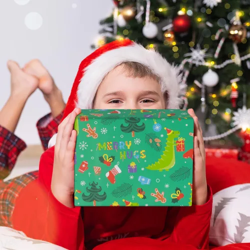 Miniatura 7 de NEPOG Papel de regalo de Navidad con sombreros de Papá Noel, 6 hojas plegadas planas de 20 x 28 pulgadas por hoja, papel de regalo de dinosaurio