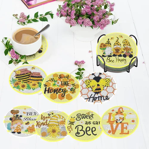 Miniatura 2 de TDOOW Posavasos de arte de diamante, 8 piezas de posavasos de pintura de diamante, kit de arte de diamantes de abeja para adultos, regalo