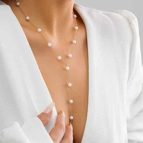 Miniatura 6 de Delicado collar de perlas para mujer, collar de oro y perlas, collar largo bohemio de perlas sintéticas para playa, joyería de perlas para mujer