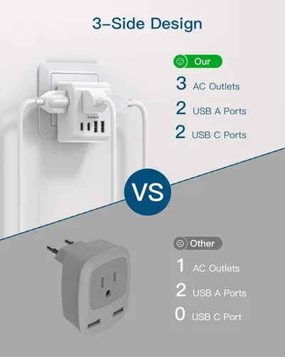 Miniatura 7 de Paquete de 2 adaptadores de enchufe de viaje europeos, adaptador de enchufe internacional con 3 tomas, 3 puertos de carga USB (1 USB C), adaptador