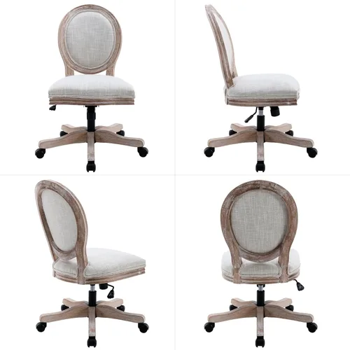 Miniatura 3 de LukeAlon Silla giratoria de lino vintage de 360°, silla de tareas de altura ajustable beige, marco de madera sin brazos, respaldo redondo y ruedas
