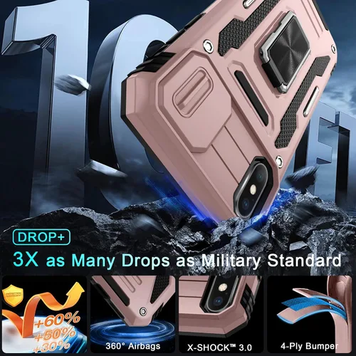 Miniatura 242 de DEERLAMN Funda para iPhone Xs Max con funda deslizante para cámara + protector de pantalla, soporte giratorio de anillo de grado militar a prueba