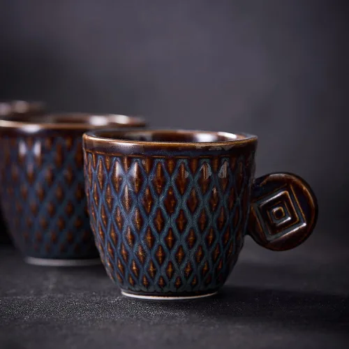 Miniatura 5 de Juego de 6 tazas vintage Demitasse de 3 onzas, tazas de café expreso pequeñas en relieve únicas (gris)