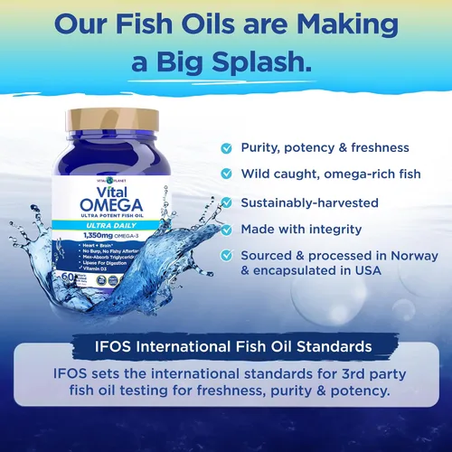 Miniatura 3 de Vital Planet - Suplemento diario de aceite de pescado Vital Omega 3 con 1350 mg de agua fría de alta potencia de 2 veces más fuerza y ácidos grasos