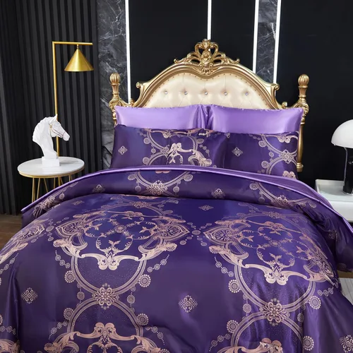 Miniatura 3 de Juego de edredón morado tamaño Queen, juego de sábanas de satén jacquard de 8 piezas bordado neoclásico floral elegante cama decoración del hogar