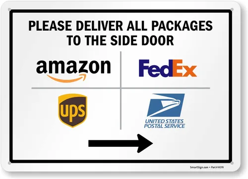 Miniatura 10 de SmartSign Letrero de flecha izquierda con texto en inglés "Please Deliver All Packages to The Side Door", 10 x 7 pulgadas, aluminio laminado a
