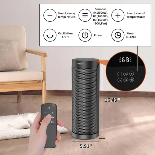 Miniatura 2 de QOWETU - Calentador de espacio portátil para uso en interiores con control remoto, calentador eléctrico oscilante de 70°, 17 pulgadas, temporizador