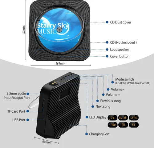 Miniatura 7 de Reproductor de CD portátil Bluetooth 5.1 reproductor de CD de escritorio con altavoces de sonido de alta fidelidad, control remoto, cubierta Negro