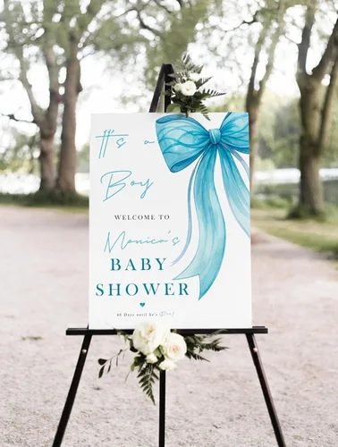 QUANKUN Letrero de bienvenida personalizado con diseño de lazo azul con texto en inglés «It's a Boy» «It's a Boy» («It's a Boy») – Suministros de 3
