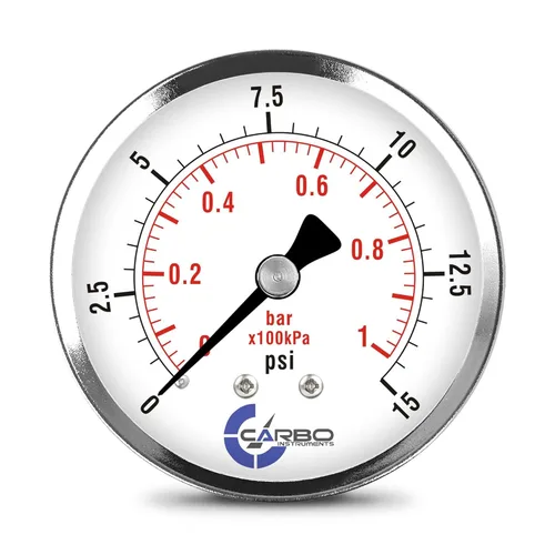 Miniatura 20 de Medidor de presión de 2-1/2 pulgadas, carcasa de acero cromado, seco, vacío compuesto -30 Hg - 0-15 psi montaje trasero 1/4 pulg. NPT