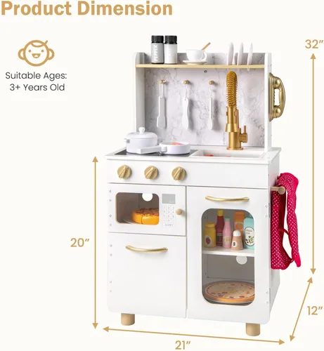 Miniatura 8 de INFANS Juego de cocina para niños, juego de cocina de madera para niños pequeños con estufa de teléfono, gabinete de almacenamiento de microondas