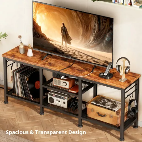 Miniatura 3 de LUCKLIFE Soporte de TV con estación de carga para televisores de hasta 55 pulgadas, centro de entretenimiento de madera rústica con estantes
