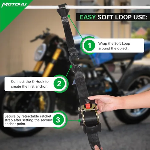 Miniatura 2 de MOTO4U Correas de amarre retráctiles de 2 pulgadas x 10 pies, resistentes, 2 correas de trinquete automáticas autoretráctiles con 2 bucles suaves