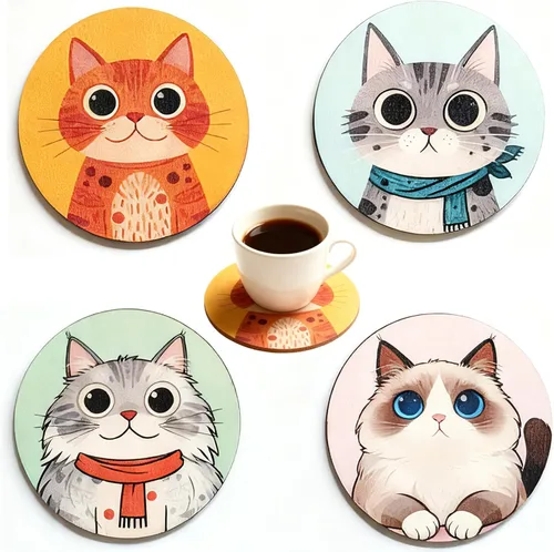 Miniatura 10 de Juego de 6 posavasos de madera para bebidas, diseño de gato hecho a mano, grueso, resistente al calor, para cerveza, café, oficina, bar, decoración