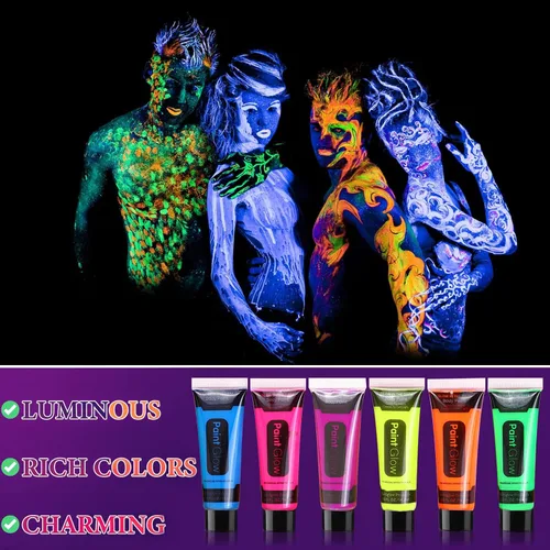 Miniatura 2 de 12 piezas de pintura corporal que brilla en la oscuridad, juego de maquillaje de luz negra fluorescente neón, juego de pintura facial
