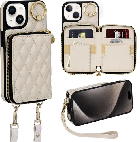 Funda tipo cartera para iPhone 15 de 6.1 pulgadas, bolso cruzado con cremallera y correa para la muñeca con cordón para mujer, tarjetero con bloqueo