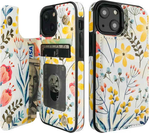 HAOPINSH Funda para iPhone 13 Mini con tarjetero y diseño de flores en la parte posterior, con función atrás, de piel sintética, con ranuras para