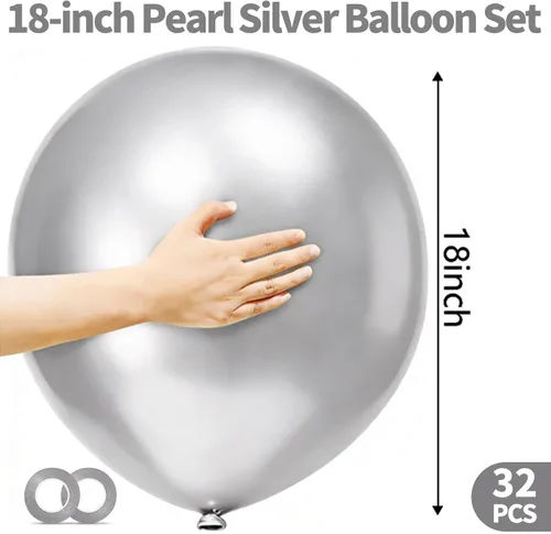 Miniatura 3 de 32 globos grandes de color plata perla de 18 pulgadas, globos redondos de látex grandes plateados para decoración de cumpleaños y boda. C16-perla