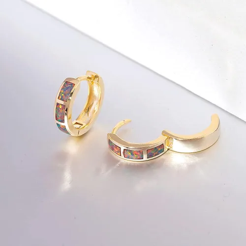 Miniatura 4 de Aretes de aro pequeños para mujer, chapados en oro de 14 quilates, joyería de ópalo, Piedra, Ópalo sintético