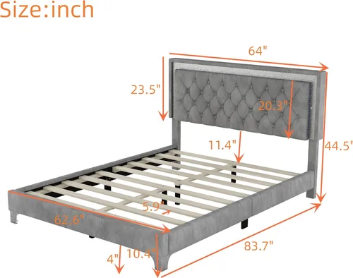 Miniatura 2 de SOFTSEA Cama de tamaño Queen con luz LED, plataforma de terciopelo con cabecero copetudo para niños, adolescentes y adultos, cama de plataforma