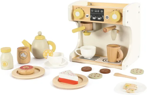 Freniland Juego de cafetera de madera para niños pequeños, máquina de espresso de lujo con accesorios, juguete de cocina Montessori para niños a