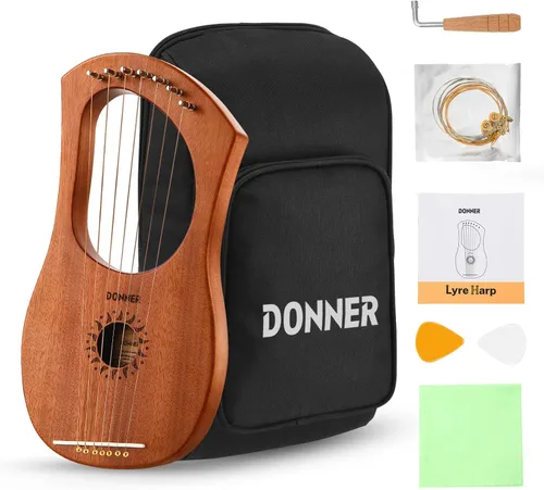 Arpa de Lira Donner, 7 cuerdas de metal, cuerpo de caoba y sillín de hueso DLH-001 Arpa de Lira para niños principiantes con llave de afinación,