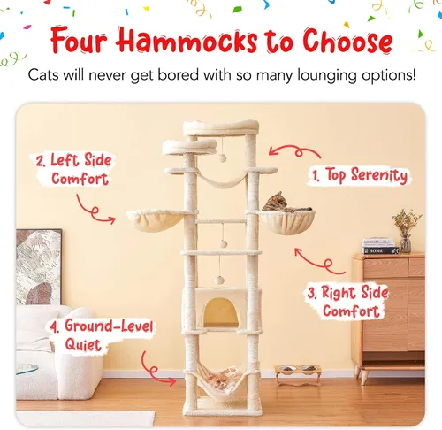 Miniatura 3 de Árbol para gatos de 77 pulgadas de alto, torre grande de varios niveles para gatos con 4 hamacas, 2 perchas acolchadas, condominio para gatos, Beige