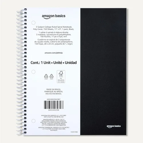 Miniatura 5 de Amazon Basics Cuaderno en espiral con líneas universitarias, 3 materias, 150 hojas, 8.5 x 11 pulgadas, Negro